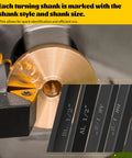 Indexable Carbide Lathe Tool Holder Set Five Pieces With Tin Coated Inserts Half Inch Shank For Turning Grooving Threading And Boring showing close-up of tool in use, with shank size visible.