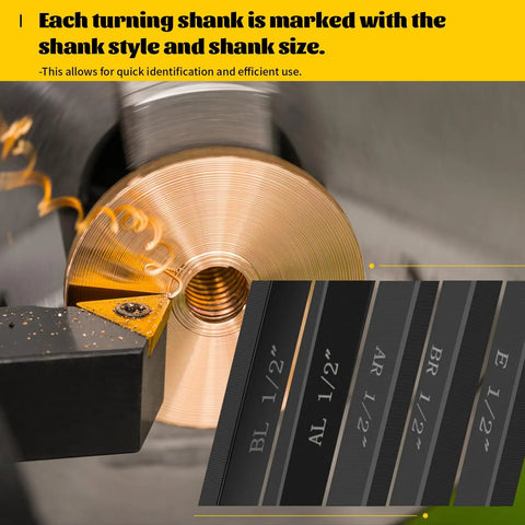 Indexable Carbide Lathe Tool Holder Set Five Pieces With Tin Coated Inserts Half Inch Shank For Turning Grooving Threading And Boring showing close-up of tool in use, with shank size visible.