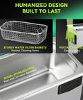 Workhorse Commercial Ultrasonic Cleaner With Heating And Degas Mode Delivers Quiet Efficiency Effortlessly Scrubs Dirt From Jewelry Carburetors Dentures And Shop Components showing stainless steel basin and wire filter baskets.