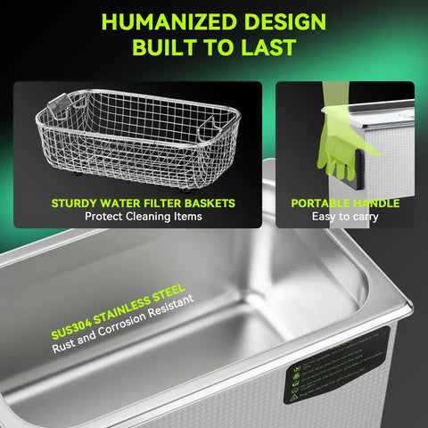 Workhorse Commercial Ultrasonic Cleaner With Heating And Degas Mode Delivers Quiet Efficiency Effortlessly Scrubs Dirt From Jewelry Carburetors Dentures And Shop Components showing stainless steel basin and wire filter baskets.