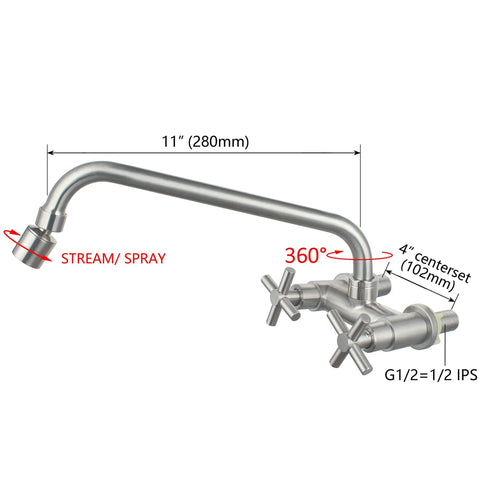 Wall Mount Commercial Kitchen Faucet 4 Inch Center, Stainless Steel Brushed Nickel, Two-Handle Utility Sink Bar Faucet With 11 Inch Spout And Aerator, SUS304 High Quality Finish with dimensions and features labeled