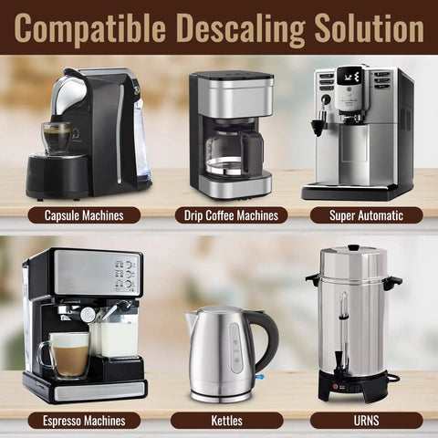 Universal Descaler For Keurig Nespresso Delonghi And All Single Serve Coffee Makers 2 Pack With 4 Uses Made In USA Easy No Fuss Descaling Solution compatibility chart