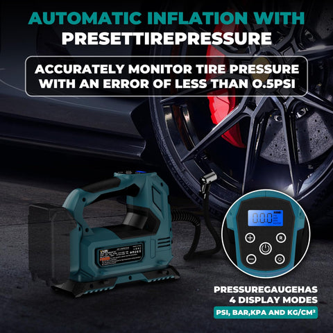 Cordless Tire Inflator Air Compressor For 18V Battery Systems 160 PSI near car wheel with digital pressure gauge display