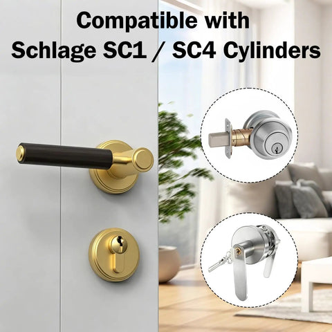 Gold door handle with text 'Compatible with Schlage SC1 / SC4 Cylinders', part of Keyway Rekey Kit For Home Security and Door Locks.