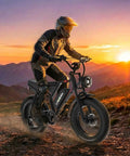 Rider on Beast 2000W Electric Fat Tire Bike For Adults With Top Speed 36 MPH 50 Mile Range, off-road at sunset