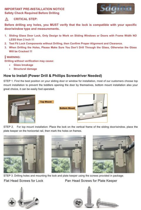 Installation guide showing steps for installing a Sliding Door Lock For Glass And Patio Doors, 2.5 Inch Long By 1.5 Inch Wide, on frame.