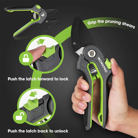 Anvil Pruning Shears 8-Inch Heavy Duty Gardening Hand Pruner With SK5 Steel Sharp Blades, shown in hand with lock mechanism