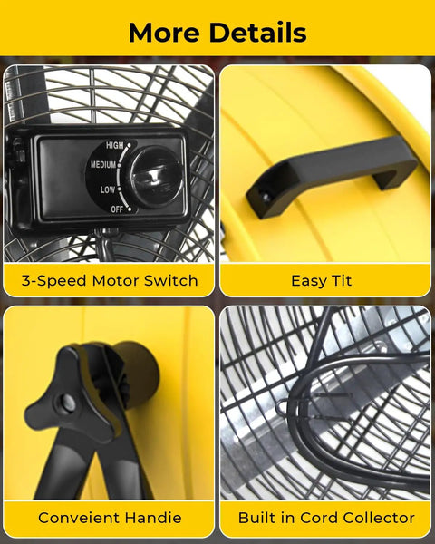 Close-up details of Beast 24 Inch High Velocity Industrial Drum Floor Fan with 3-speed switch, handle, and cord collector.
