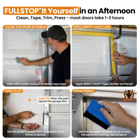 Top Rated Garage Door Insulation Kit For 8x8 Single Doors includes clean, tape, trim, and press steps for easy installation.