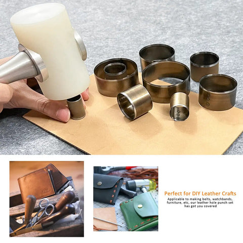 Leather Circle Cutter Set, 7 Piece Circle Punch Tool Kit 20mm To 50mm in use for DIY leathercraft.
