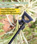 Portable Garden Weeder Tool With Hollow Hoe Design For Easy Weed Removal shown in use, weeding in a garden, displaying manganese steel head.