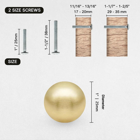 10 Pack Brushed Gold Ball Cabinet Knobs 1 Inch Diameter Zinc Alloy Drawer Pulls with 2 Screw Sizes for Kitchen Cabinets and Drawers