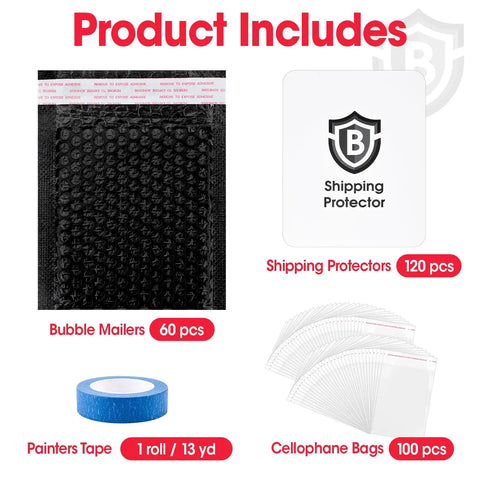 All In One Trading Card Shipping Kit With 120 Card Protectors 3.5 By 4.5 Inches, 60 Black Bubble Mailers, 100 Cellophane Bags, And 1 Roll Painter Tape