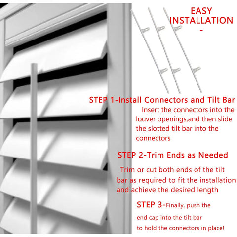 No Hassle Shutter Vane Repair Slider And Tilt Bar Connector Kit For Vinyl Plantation Shutters Slides Right In For 3.25 Inch Center Spacing 30 Piece Reconnect Pack installation steps shown on white shutter background.