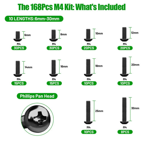 168 Piece M4 Phillips Pan Head Machine Screws Kit Crafted From Heavy Duty Carbon Steel For Switch Panels Electronics And Household Fix Ups Featuring Precision Threads That Guarantee A Bulletproof Hold showing assorted screw lengths from 6mm to 30mm.