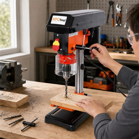 Get This Awesome 8 Inch Benchtop Drill Press With Laser Guide And Vise For Precision Drilling in a workshop.
