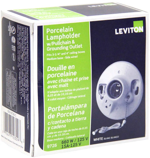 Product packaging of Porcelain Lampholder For Outlet Box Mount With Pull Chain Top Wire 9726C White Easy Install One Piece Glazed Incandescent Lampholder For Closets Basements Utility Rooms