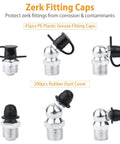 Six-piece zerk grease fittings with black caps and rubber dust covers; metal bodies, SAE & metric sizes.