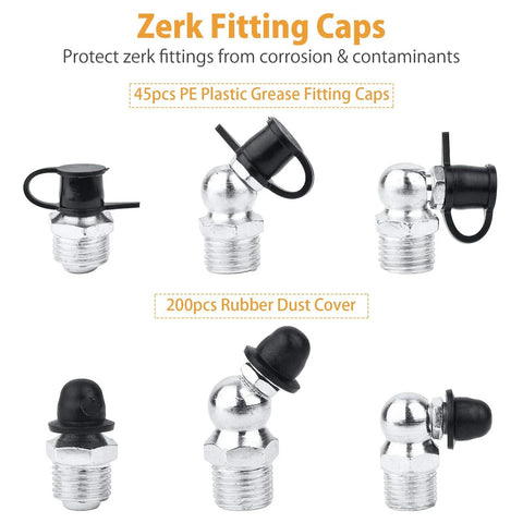 Six-piece zerk grease fittings with black caps and rubber dust covers; metal bodies, SAE & metric sizes.