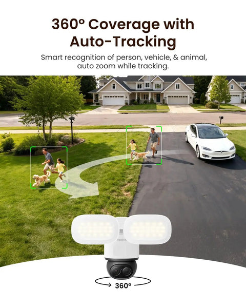 TrackFlex 4K Dual Lens Floodlight Camera With 360 Degree PTZ And 6x Hybrid Zoom showcasing auto-tracking for driveways and yards.