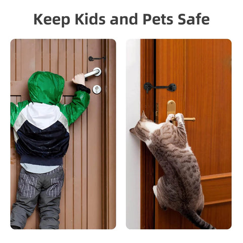 Rust-Proof Barn Door Hook and Eye Latch 4 Inch Privacy Lock Hardware installed on wooden door with child and cat attempting to open.