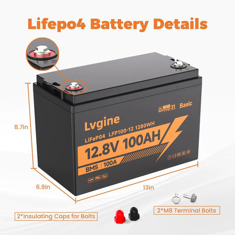 12V 100Ah LiFePO4 Battery with 100A BMS, 15000+ cycles, 1280Wh, with insulating caps and terminal bolts for marine use
