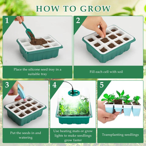 12 Pack Reusable Seed Starter Trays With 144 Flexible Pop Out Cells guide showing steps for seed starting and transplanting.