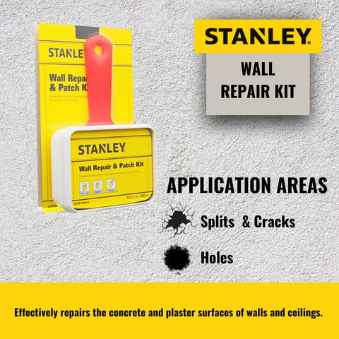 Wall Repair Kit packaging and tool with text on application areas for splits, cracks, and holes, featuring Stanley branding.