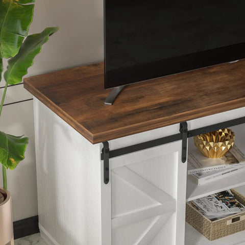 65 Inch TV Stand With Storage Cabinets And Sliding Barn Doors In Bright White Dope Farmhouse Style Entertainment Console