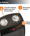 Compact Ceramic Space Heater CD09250 top view with adjustable thermostat and settings dial, highlighted key features.