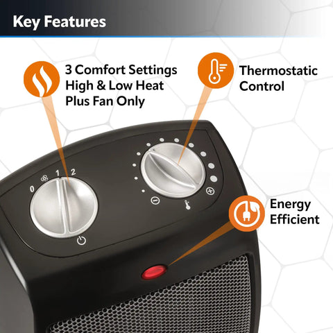 Compact Ceramic Space Heater CD09250 top view with adjustable thermostat and settings dial, highlighted key features.