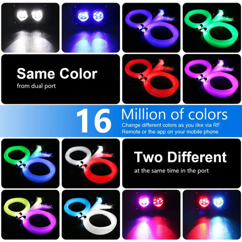 Dual Color 20W Fiber Optic Starlight Kit With 600 Strands 0.03 Inch, RGBW light display showing same and different colors.