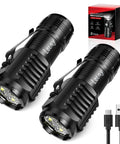 Rechargeable Mini Flashlights With Magnetic Base Twin Pack, Bright 3 LED EDC Lights shown with USB cable and packaging