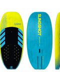 Wing Craft V2 Wingsurf Foil Board 50 L The Compact Quick Planing Foil Board With Flat Bottom And Hard Rails For Stable Pumping Great Nose Balance To Stop Pearling Perfect For Intermediate To Advanced Riders, top and side view, blue and yellow design