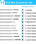 11 Piece Mini Precision Screwdriver Set with Slotted and Phillips Bits displayed with included components list