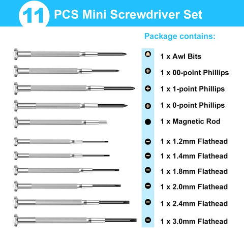 11 Piece Mini Precision Screwdriver Set with Slotted and Phillips Bits displayed with included components list