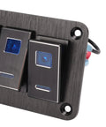 Close-up of an Eight Gang Aluminum Toggle Switch Panel for DC 12V to 24V Systems, waterproof, black finish with blue LED light