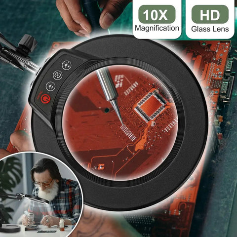 2 In 1 LED Magnifying Glass With Stand And Clamp over circuit board, showing close work with Five Color Modes Dimmable Lighting