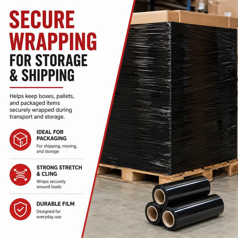 Heavy Duty Black 18 Inch Stretch Wrap 80 Gauge 20 Pack For Moving Furniture Protection And Pallet Wrapping That Stays Put And Keeps Your Stuff Safe And Secure on pallet