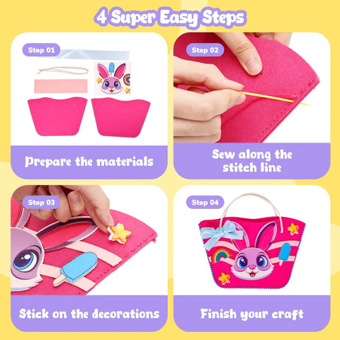 Step-by-step guide with images for Kids Sewing Kit For Beginners with 7 DIY projects, highlighting the bunny tote crafting process.