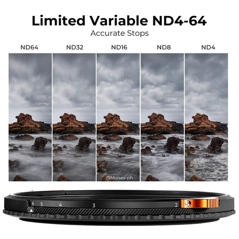 Limited Variable ND4-64 filter comparison, rocky seascape, bottom view of 77mm ND4 to ND64 Variable ND and CPL 2 In 1 Lens Filter.
