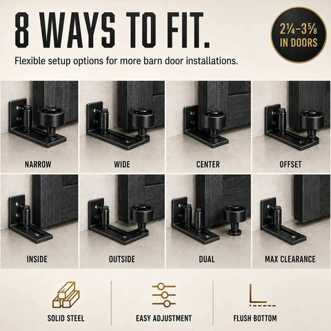 Image showing 8 ways to fit Heavy Duty Sliding Barn Door Guide With Carpet Safe Floor Track Keeps Doors Dead Center And Delivers Smooth As Butter Performance Across Any Room Zero Hassle Install And No Sweat Adjustment.
