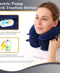 One Click Neck Traction Device With Built In Motor And Battery For Instant Home Pain Relief, showing electric pump and battery features.