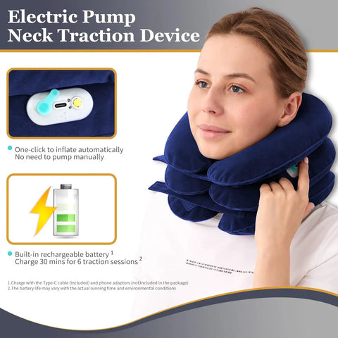 One Click Neck Traction Device With Built In Motor And Battery For Instant Home Pain Relief, showing electric pump and battery features.