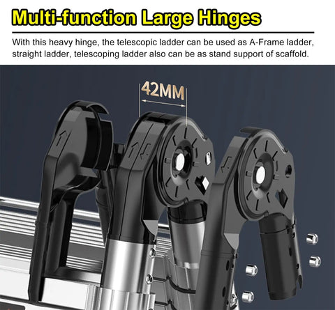 Close-up of multi-function large hinges on Heavy Duty Telescoping Extension Ladder, showcasing versatility for A-Frame use.