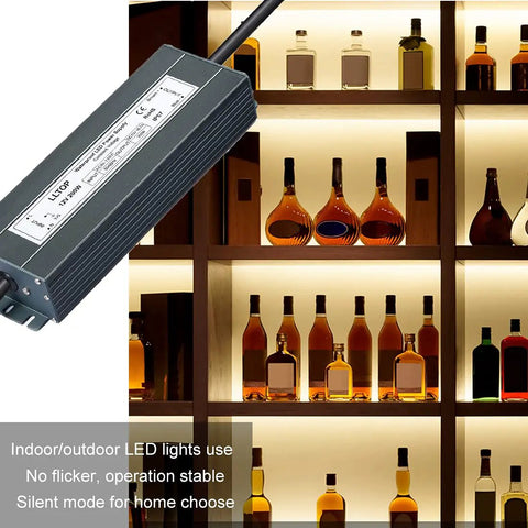 Heavy Duty Low Voltage Transformer 200W IP67 Waterproof LED Driver Power Supply with shelves of illuminated bottles