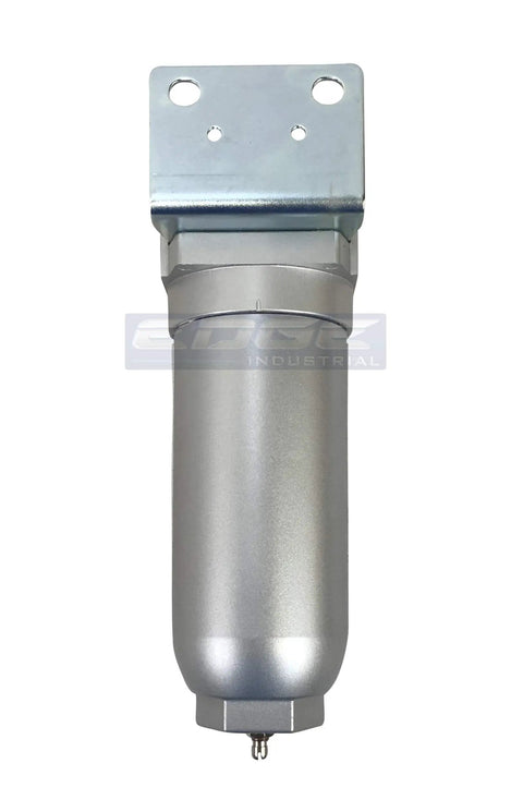 Heavy Duty Built Tough Particulate Filter And In Line Water Trap For Compressed Air Lines, silver metal scrubber with drain valve.