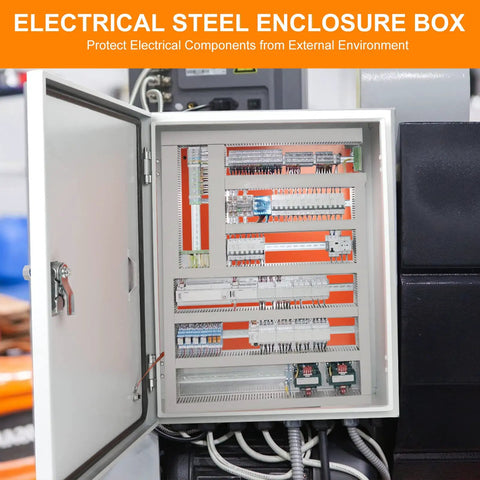 Built To Last Cold Rolled Steel Electrical Enclosure Box 20X16X8 Inch showing internal wiring and components protection