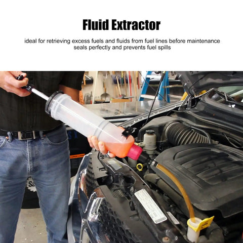 Ultimate 1.5L Fluid Extractor Engine Oil Syringe With Smart Arrow Case in use, extracting fluids from a car engine.