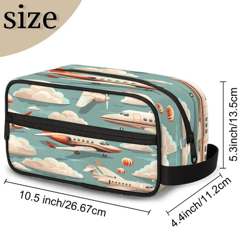 Air Travel Ready Cosmetic Bag For Women, Waterproof Makeup Organizer Pouch, compact size, airplane print, travel must-have